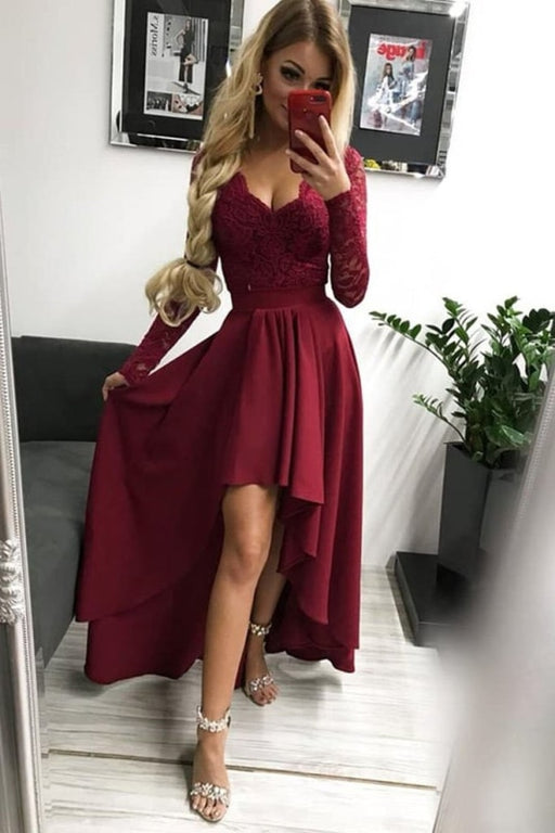High Low Long Sleeves V Neck Prom Burgundy A Line Graduation Dress with Lace - Prom Dresses