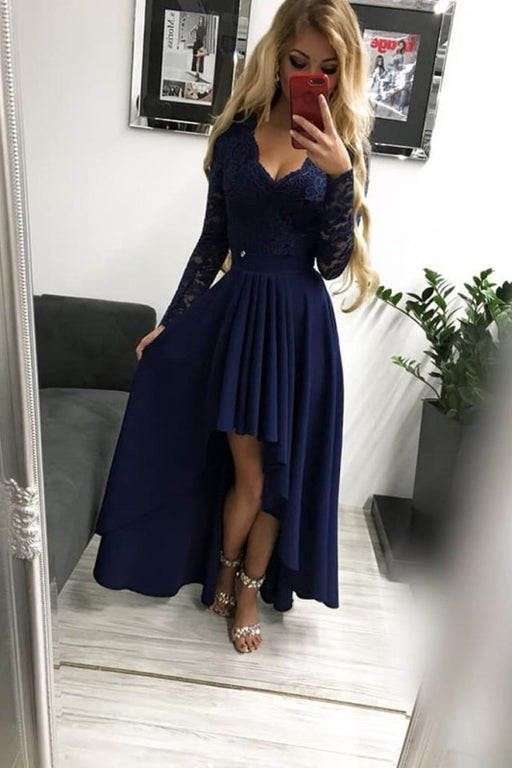 High Low Long Sleeves V Neck Prom Dark Blue A Line Graduation Dress with Lace - Prom Dresses