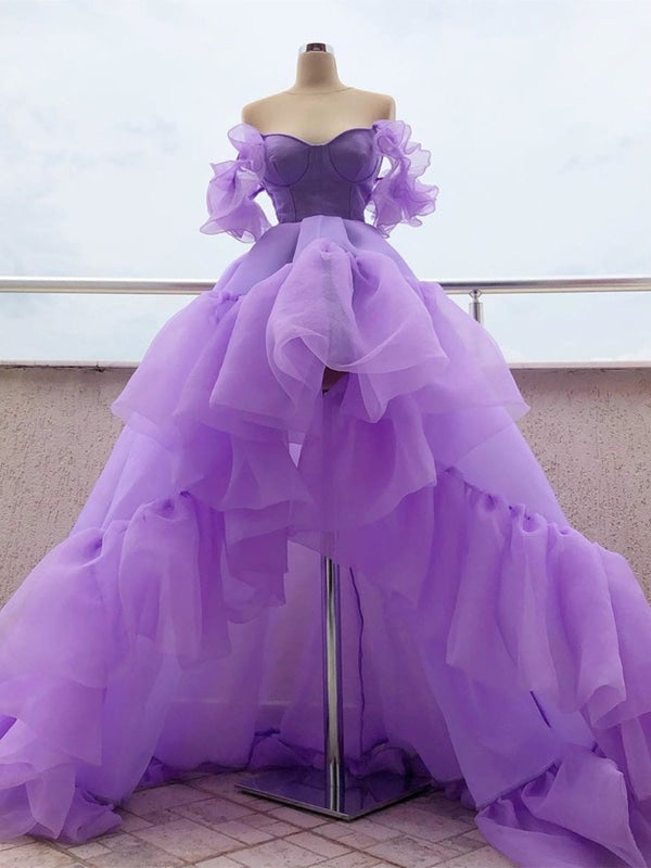 High Low Off Shoulder Purple Tulle Long Prom Dresses, High Low Purple Formal Dresses, Long Purple Evening Dresses 