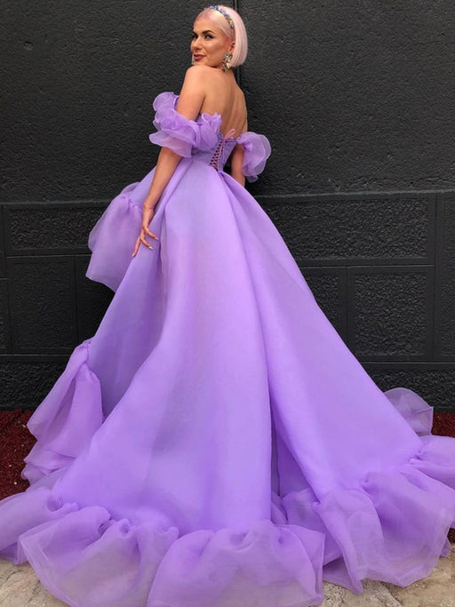 High Low Off Shoulder Purple Tulle Long Prom Dresses, High Low Purple Formal Dresses, Long Purple Evening Dresses 