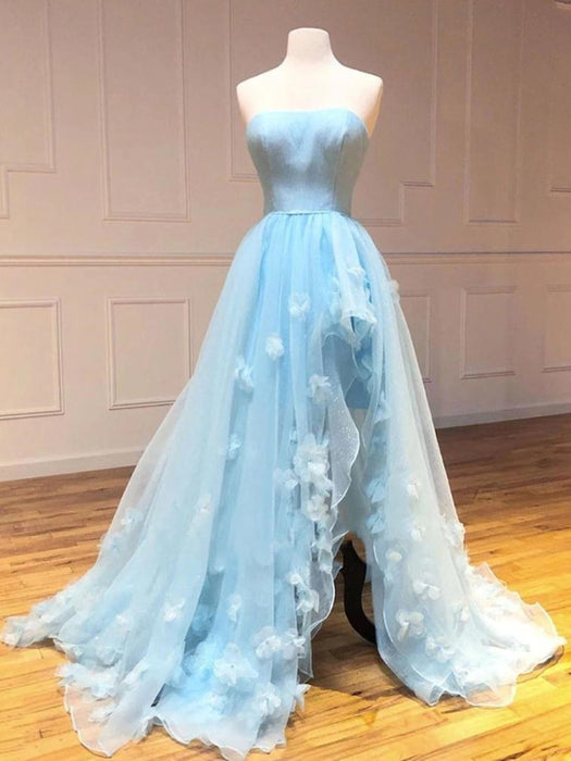 High Low Strapless Light Blue Floral Long Prom Dresses with Slit, High Slit Light Blue Formal Evening Dresses