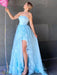 High Low Strapless Light Blue Floral Long Prom Dresses with Slit, High Slit Light Blue Formal Evening Dresses