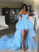 High Low Strapless Light Blue Tulle Long Prom Dresses with Train, High Low Light Blue Formal Evening Dresses