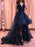 High Low V Neck Lace Navy Blue Long Prom Dresses, V Neck High Low Lace Dark Blue Formal Dresses, High Low Navy Blue Lace Evening Dresses