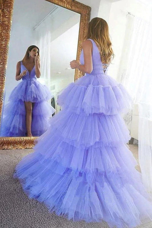 Sexy V Neck Lilac Tulle Prom Dress Long Party Evening Gown cc2087