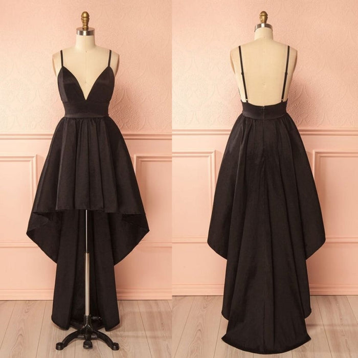 High Low V Neck tti Straps Backless Black Prom Dresses, High Low Black Homecoming Dresses, Black Graduation Dresses