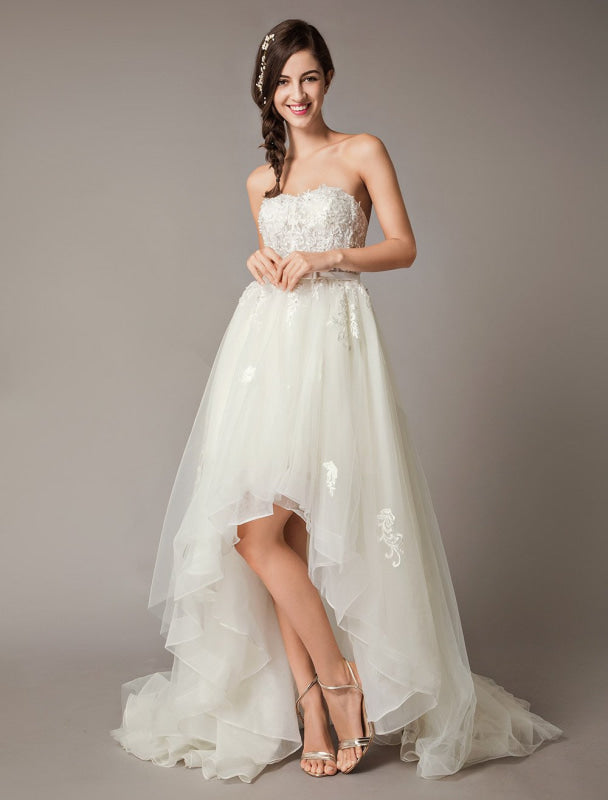 high low wedding dress Strapless Lace Tulle Asymmetrical Summer Beach Bridal Dress-Bridelily