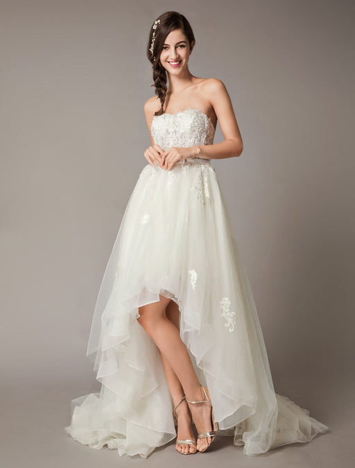Strapless Lace Tulle Asymmetrical Summer Beach Bridal Dress-Bridelily Strapless Lace Tulle Asymmetrical Summer Beach Bridal Dress-Bridelily