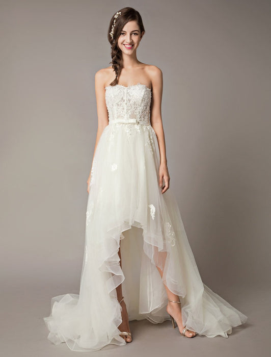 Strapless Lace Tulle Asymmetrical Summer Beach Bridal Dress-Bridelily Strapless Lace Tulle Asymmetrical Summer Beach Bridal Dress-Bridelily