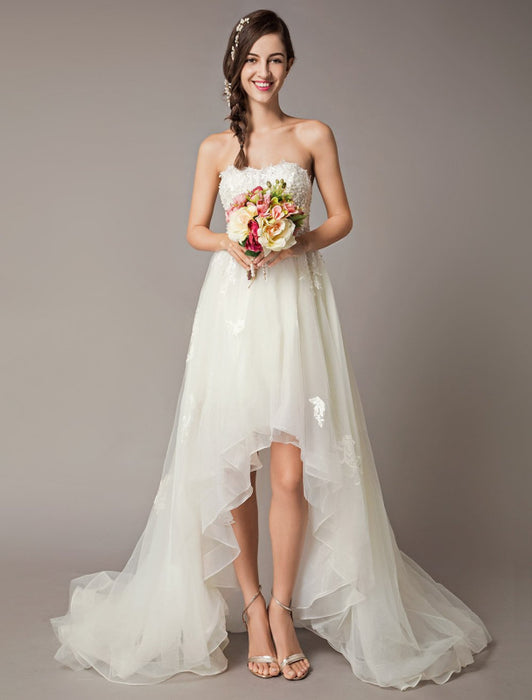 Strapless Lace Tulle Asymmetrical Summer Beach Bridal Dress-Bridelily Strapless Lace Tulle Asymmetrical Summer Beach Bridal Dress-Bridelily