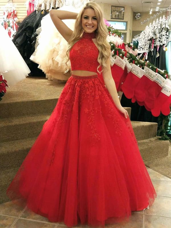 High Neck 2 Pieces Red Lace Long Prom, Two Pieces Red Lace Formal, Red