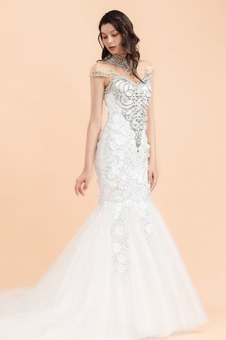 High Neck Appliques Crystal Beads Tulle Mermaid Wedding Dress - wedding dresses