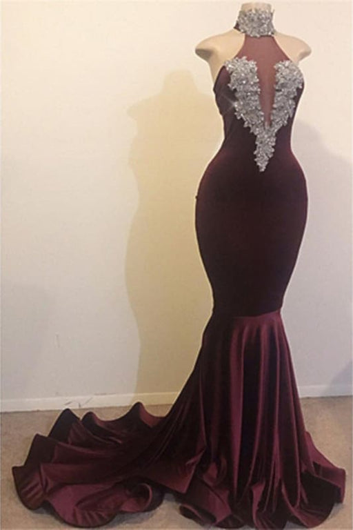 High Neck Backless Brush Train Mermaid Sequins Prom Dress - Prom Dresses