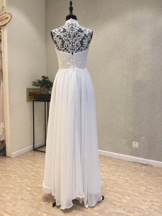 High Neck Chiffon A-Line Wedding Dresses Lace Button - wedding dresses