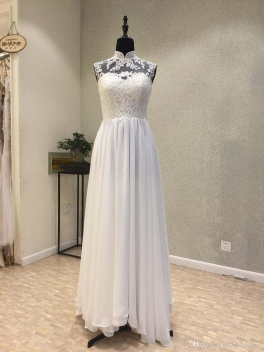 High Neck Chiffon A-Line Wedding Dresses Lace Button - White / Floor Length - wedding dresses