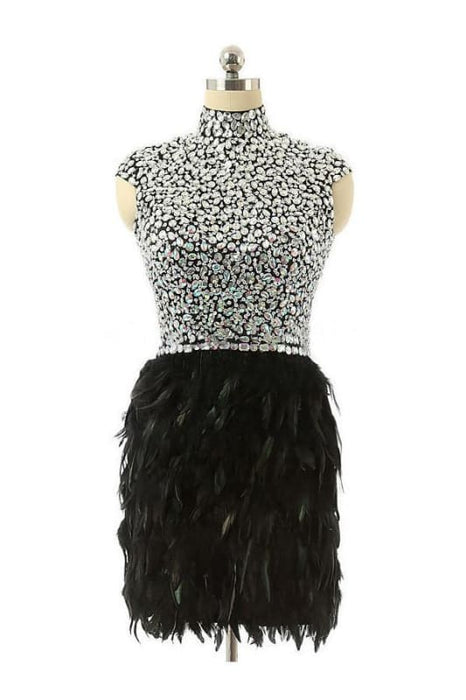 High Neck Knee-length Feather Prom Dresses Homecoming Dress - Prom Dresses