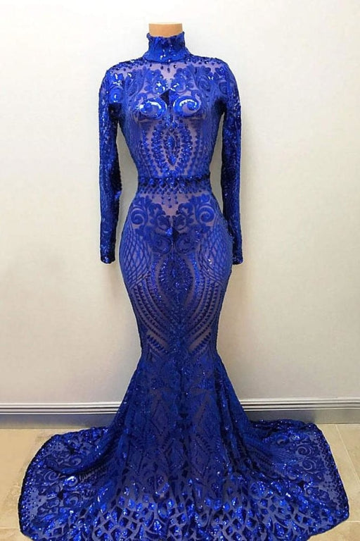 High Neck Long Sleeve Sequin Royal Blue Mermaid Prom Dress - Prom Dresses