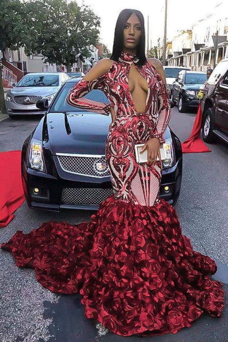 Sparkly High Neck Long Red Mermaid Dress With Sleeves - Bridelily Sparkly High Neck Long Red Mermaid Dress With Sleeves - Bridelily
