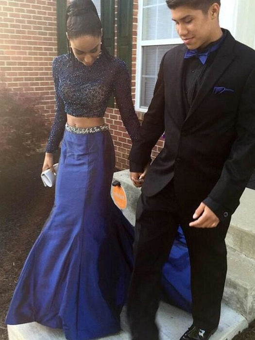 High Neck Long Sleeves Court Train With Beading Two Piece Dresses - Prom Dresses