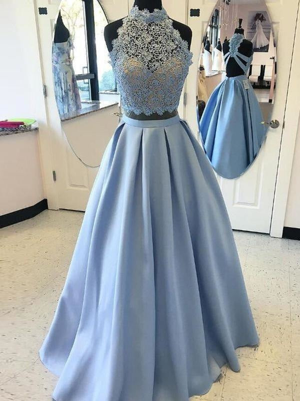 High Neck Sleeveless Floor-Length With Applique Two Piece Dresses - Prom Dresses