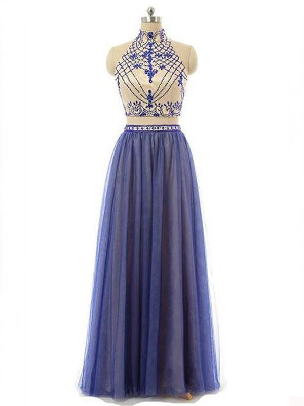 High Neck Sleeveless Floor-Length With Beading Two Piece Dresses - Prom Dresses