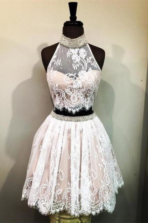 High Neck Sleeveless Homecoming with Beads Two Piece Lace Short Prom Dress - Prom Dresses