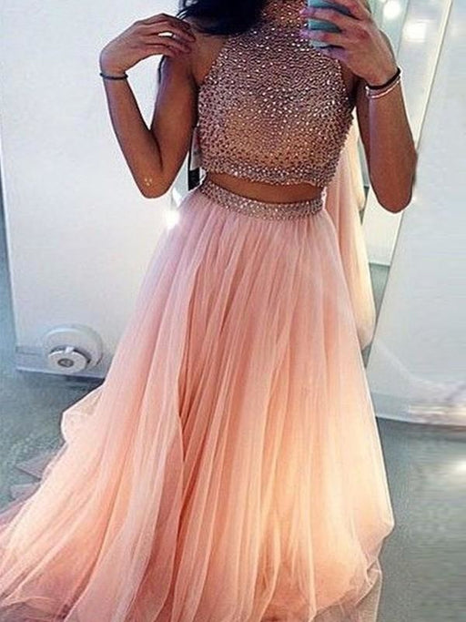 High Neck Sleeveless Sweep/Brush Train With Beading Two Piece Dresses - Prom Dresses