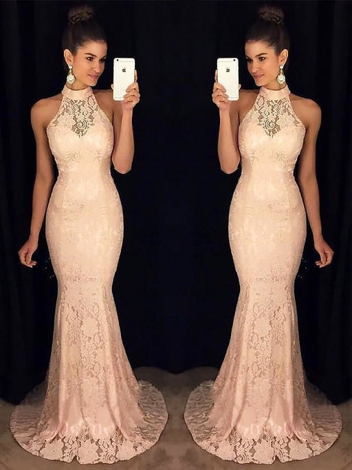 High Neck Sleeveless Sweep/Brush Train With Ruffles Lace Dresses - Prom Dresses