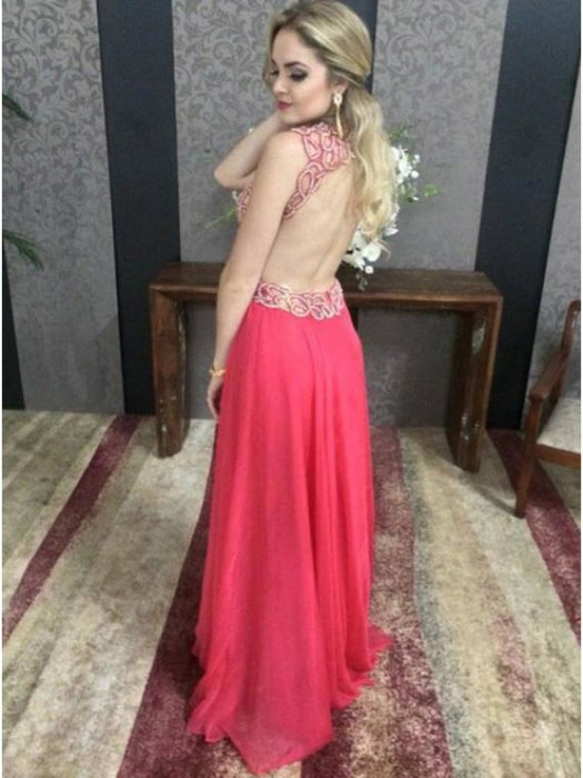 Hot Pink A-line Deep V-neck Chiffon Beading Backless Sleeveless Prom Formal Gown - Prom Dresses