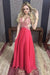 Hot Pink A-line Deep V-neck Chiffon Beading Backless Sleeveless Prom Formal Gown - Prom Dresses