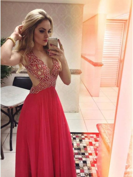 Hot Pink A-line Deep V-neck Chiffon Beading Backless Sleeveless Prom Formal Gown - Prom Dresses