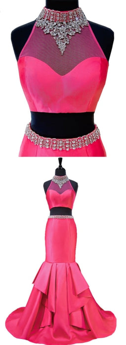 Hot Pink Backless Beaded Two Pieces Long Mermaid Evening Dress - Prom Dresses