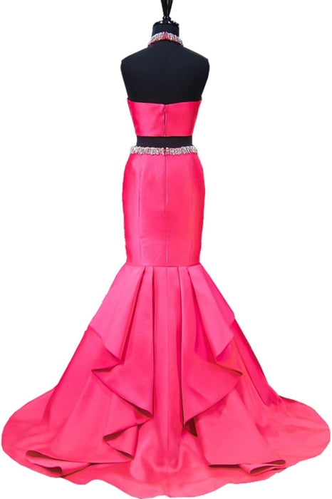 Hot Pink Backless Beaded Two Pieces Long Mermaid Evening Dress - Prom Dresses