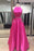 Hot Pink Halter Two Pieces Prom Dress with Pockets Floor Length Formal Dresses - Prom Dresses