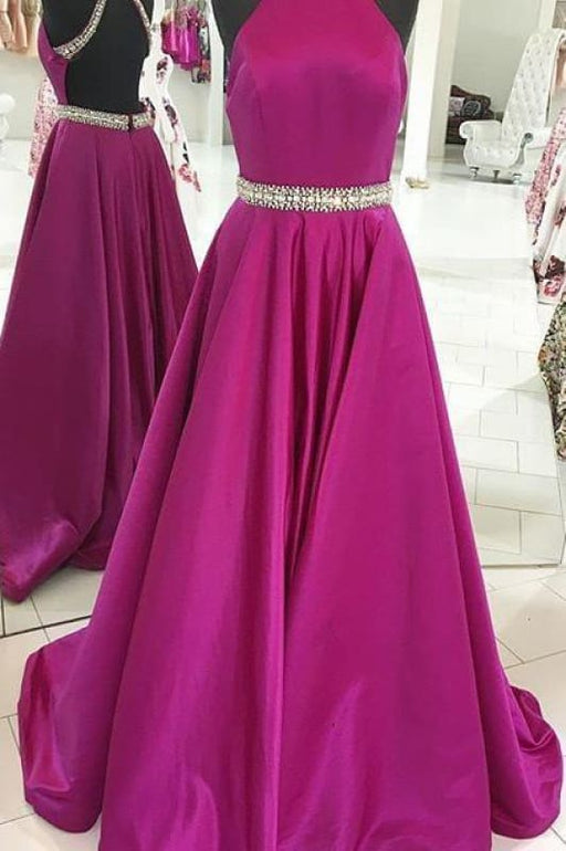 Hot Pink High Neck A-line Satin Beading Backless Long Gown Cheap Prom Dress - Prom Dresses