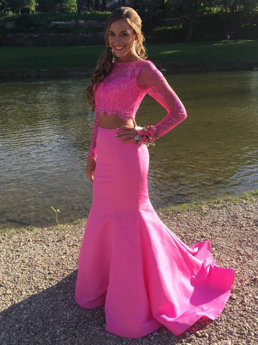 Hot Pink Long Sleeves Mermaid Two Pieces Lace Prom Dresses, Long Sleeves Mermaid Hot Pink Formal Dresses, Two Pieces Mermaid Hot Pink Evening Dresses