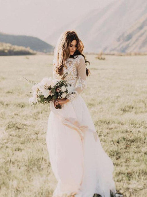 Boho Wedding Dress Long Sleeve A-Line Tulle Gown - Bridelily Boho Wedding Dress Long Sleeve A-Line Tulle Gown - Bridelily