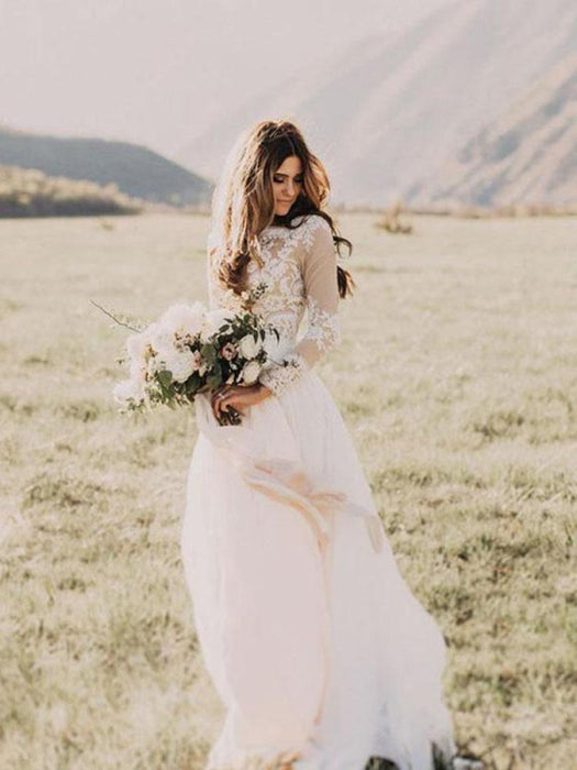 Boho Wedding Dress Long Sleeve A-Line Tulle Gown - Bridelily Boho Wedding Dress Long Sleeve A-Line Tulle Gown - Bridelily