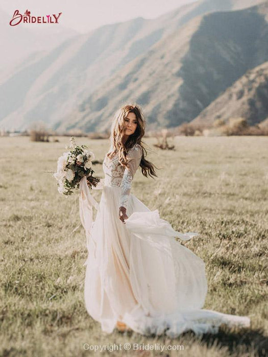 Boho Wedding Dress Long Sleeve A-Line Tulle Gown - Bridelily Boho Wedding Dress Long Sleeve A-Line Tulle Gown - Bridelily