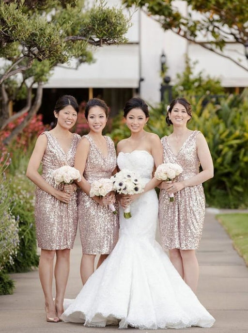 Hot-selling A-line V-neck Short Rose Gold Sequins Bridesmaid Dress - Bridesmaid Dresses