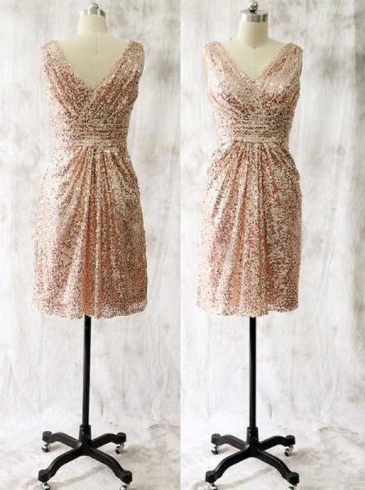 Hot-selling A-line V-neck Short Rose Gold Sequins Bridesmaid Dress - Bridesmaid Dresses
