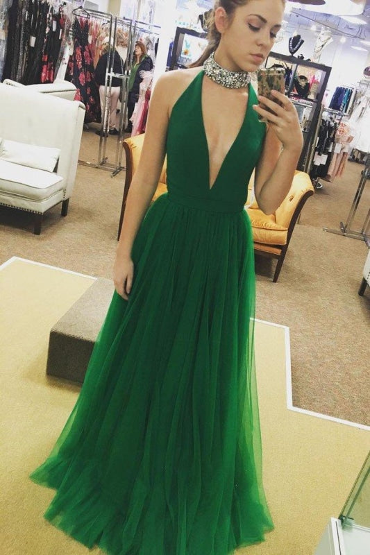 Hot Sexy Deep V-Neck Green Tulle Long Dresses A-line Sleeveless Cheap Prom Gowns - Prom Dresses