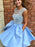 Ice Blue Beading Satin Sleeveless Open Back Homecoming Dress Sparkly Prom Gown with Pockets - Prom Dresses