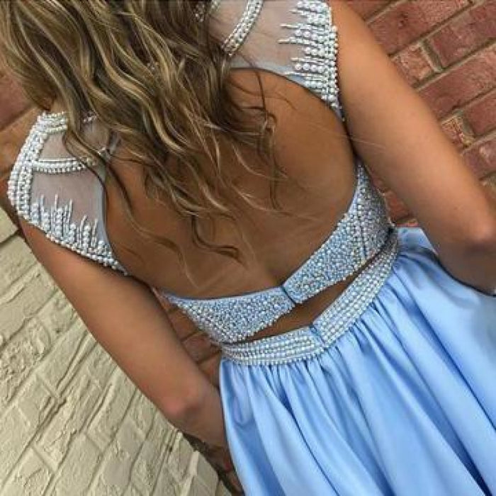 Ice Blue Beading Satin Sleeveless Open Back Homecoming Dress Sparkly Prom Gown with Pockets - Prom Dresses