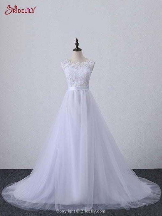 Illlusion A-Line Lace-Up Ribbon Wedding Dresses - White / Floor Length - wedding dresses
