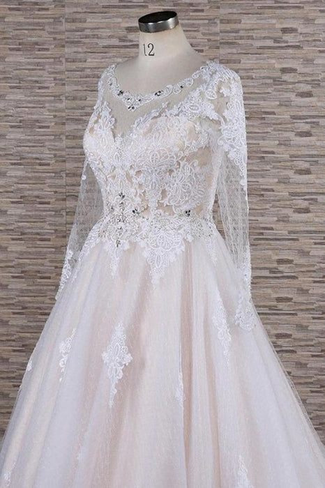Illusion Appliques Long Sleeve Tulle Wedding Dress - Wedding Dresses