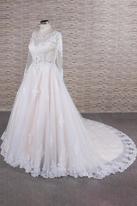 Illusion Appliques Long Sleeve Tulle Wedding Dress - Wedding Dresses