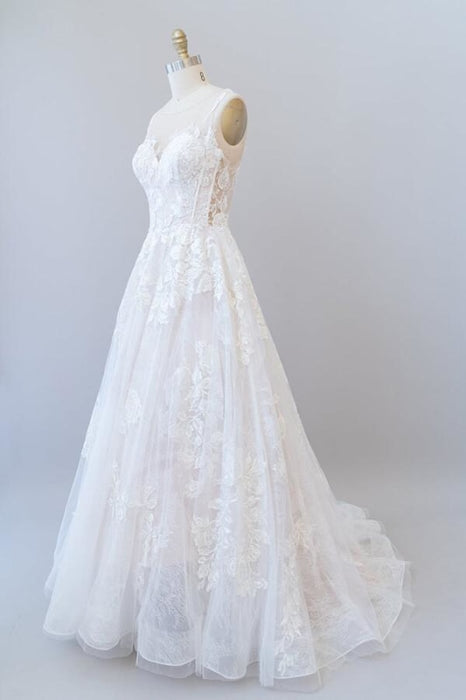 Illusion Appliques Tulle A-line Wedding Dress - Wedding Dresses