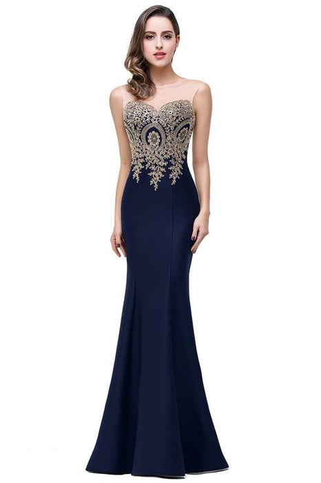 Illusion Backless Lace Mermaid Prom Dress Burgundy Long Evening Gowns - Dark Navy / US 2 - Prom Dress
