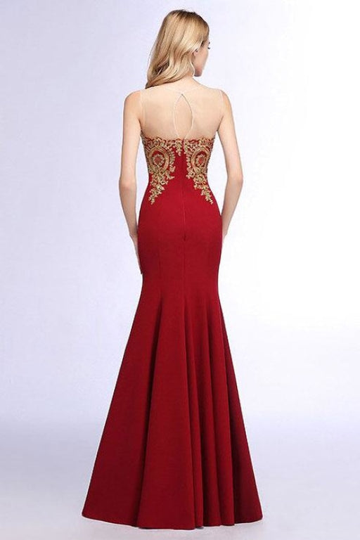 Illusion Backless Lace Mermaid Prom Dress Burgundy Long Evening Gowns - Prom Dress